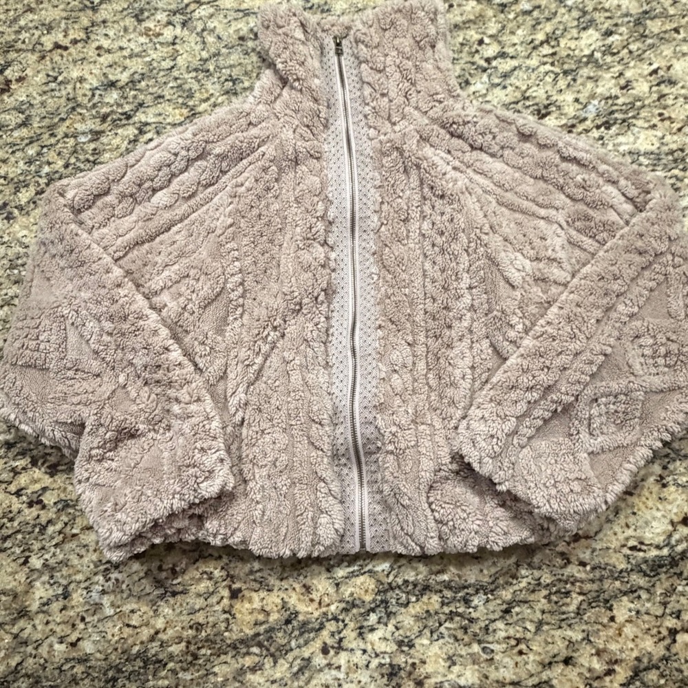 Pilcro and the Letterpress Faux Fur Cable Knit Zip Up Jacket Taupe XS